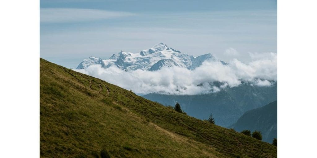Mont Blanc, the highest mountain in the Alps, seen from Le Môle on a clear summer day