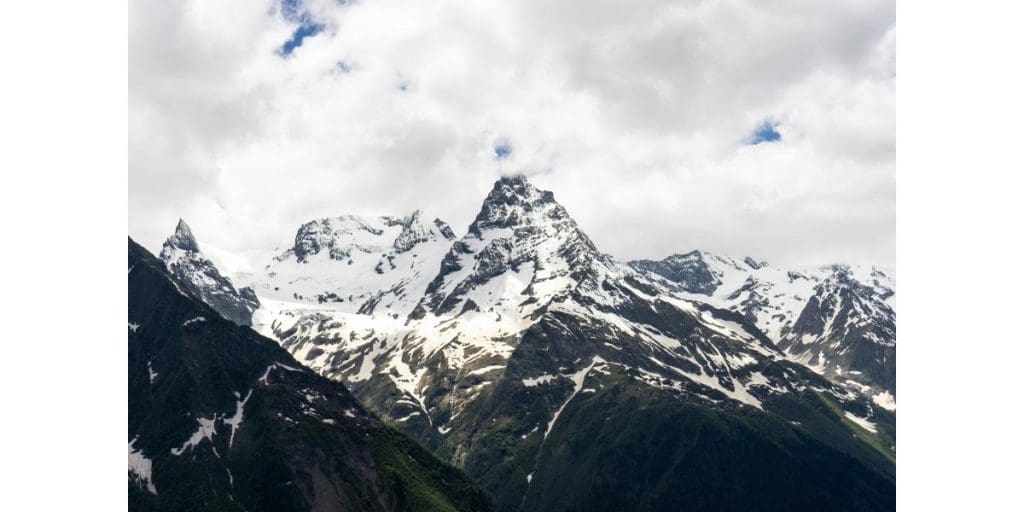 View of Mount Elbrus, the highest mountain in Europe, under a clear blue sky