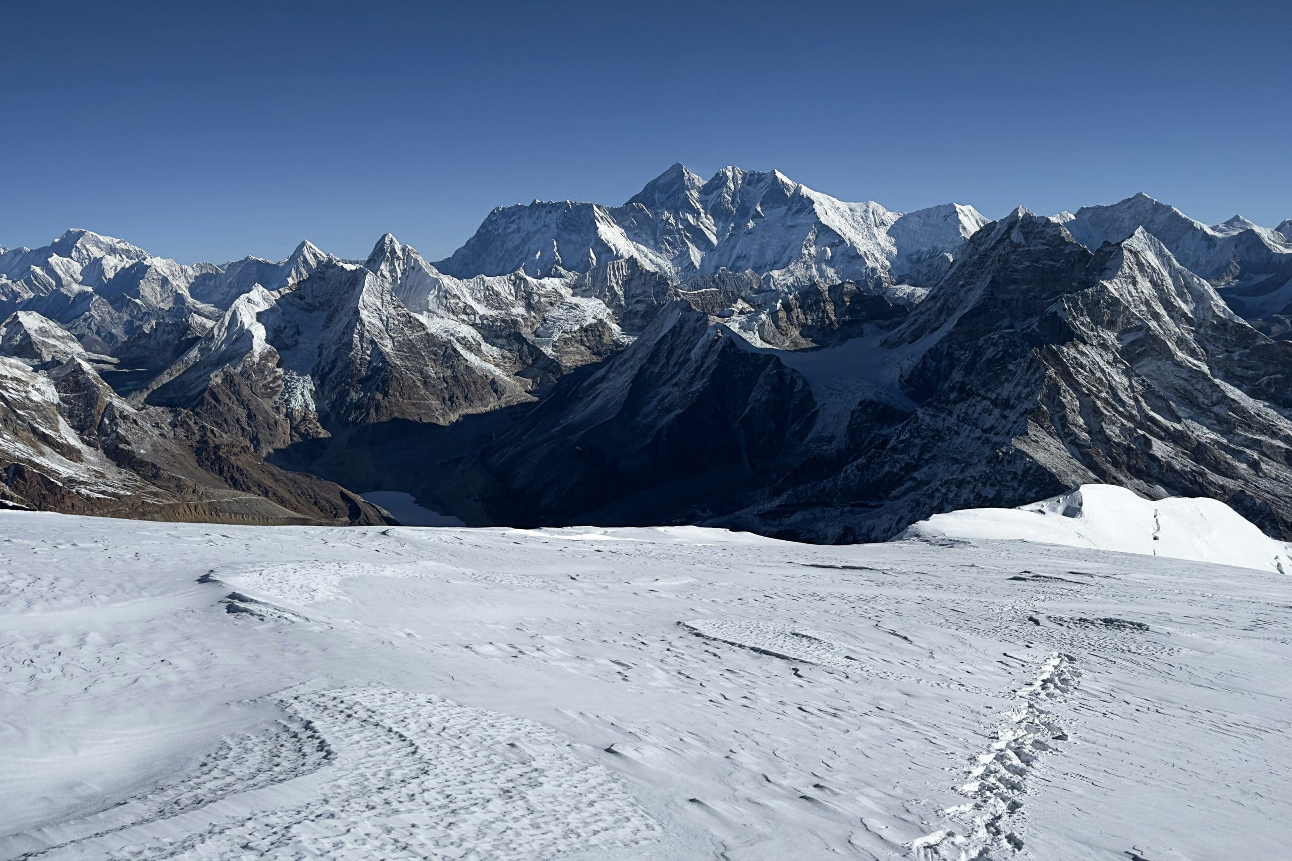 Summit view from Mera Peak, Nepal, Showing Everest, Ama Dablam, Nuptse, and nearby Himalayan mountains