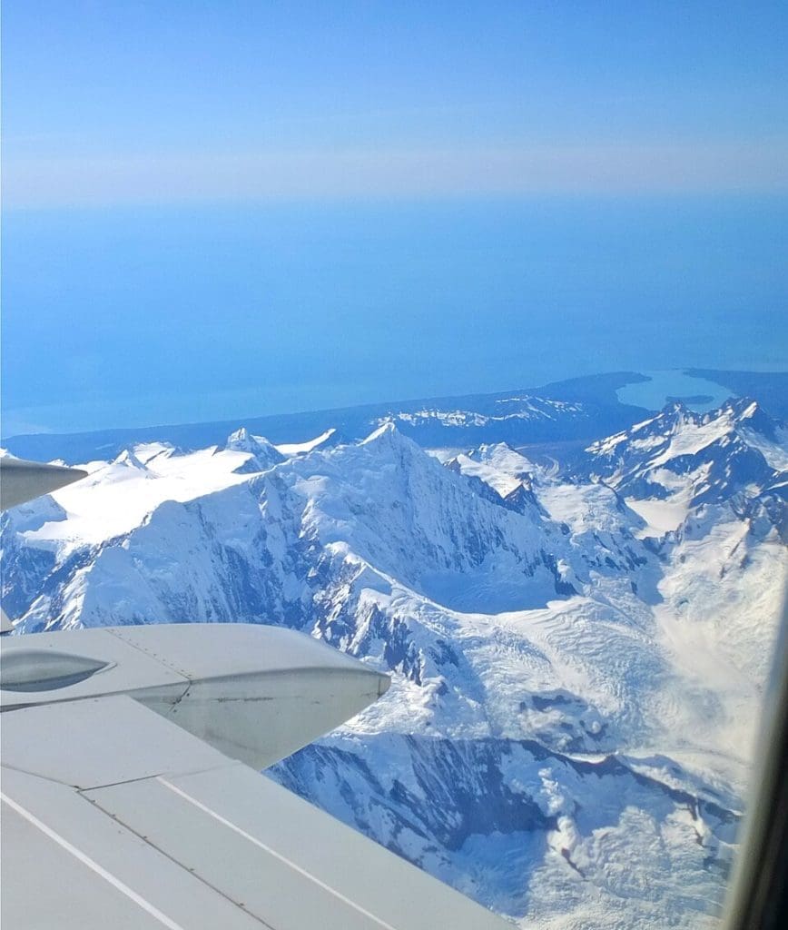 Aerial view of Mount Fairweather under clear skies