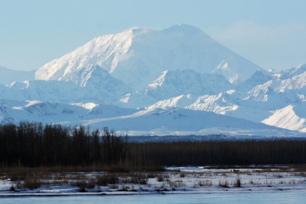 Snow-covered Mt. Foraker seen from Talkeetna on the Alaska Railroad