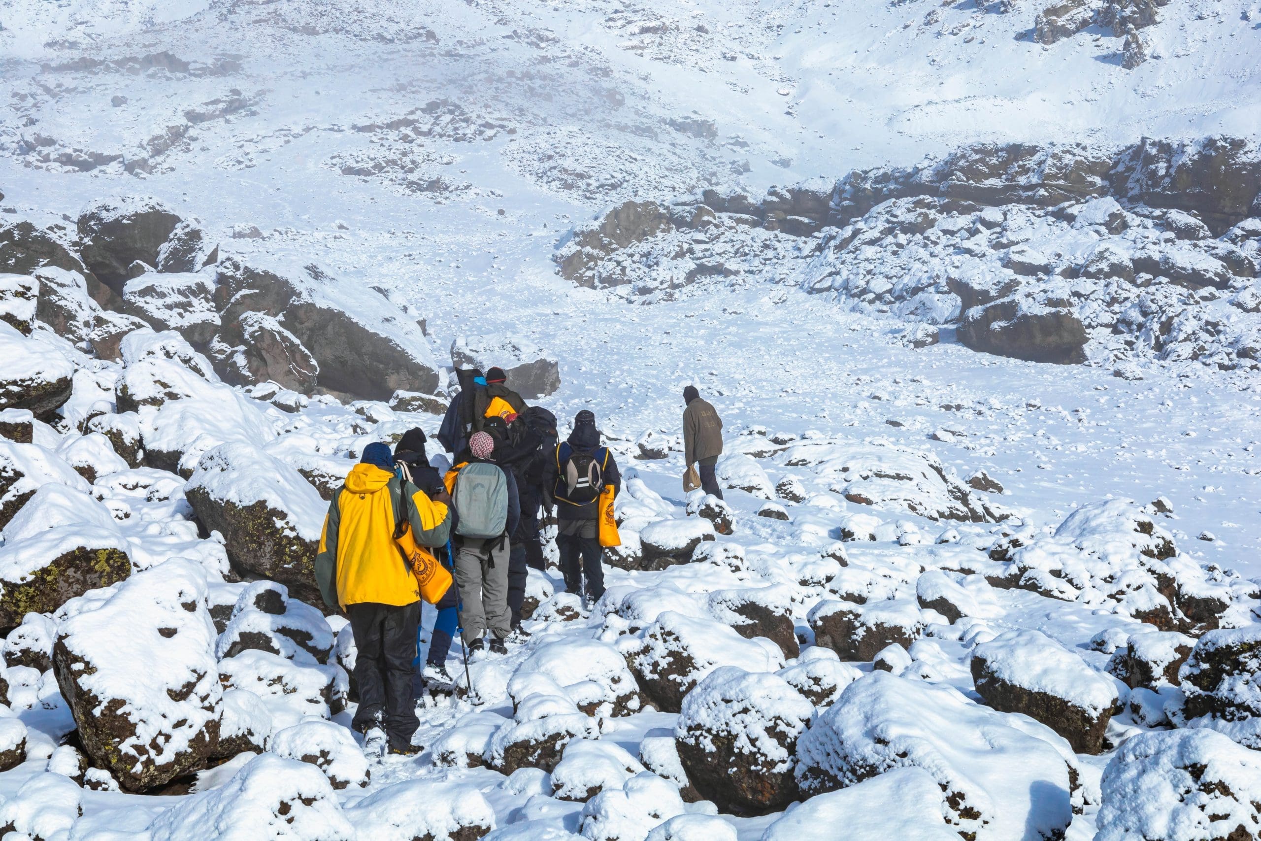 Climbers trekking through snowy trails on Mount Kilimanjaro with guides and porters carrying trash bags as part of Leave No Trace efforts.