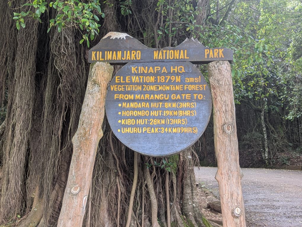 A wooden signboard at Marangu Gate in Kilimanjaro National Park displaying an elevation of 1,879 meters, along with distances to Mandara Hut, Horombo Hut, Kibo Hut, and Uhuru Peak.