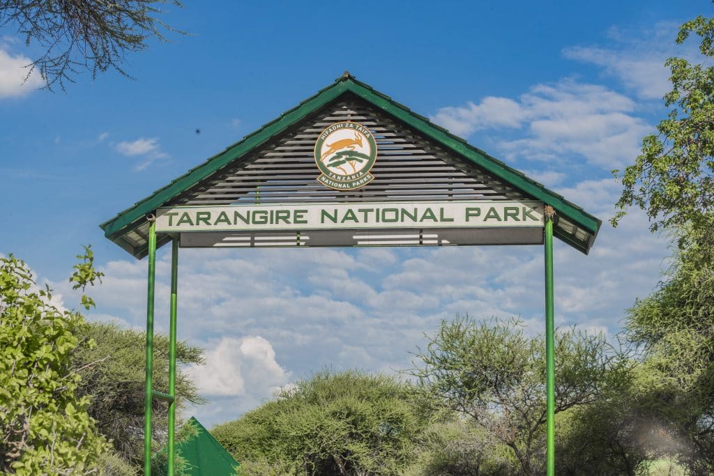 Entrance sign of Tarangire National Park surrounded by lush green vegetation under a bright blue sky.
