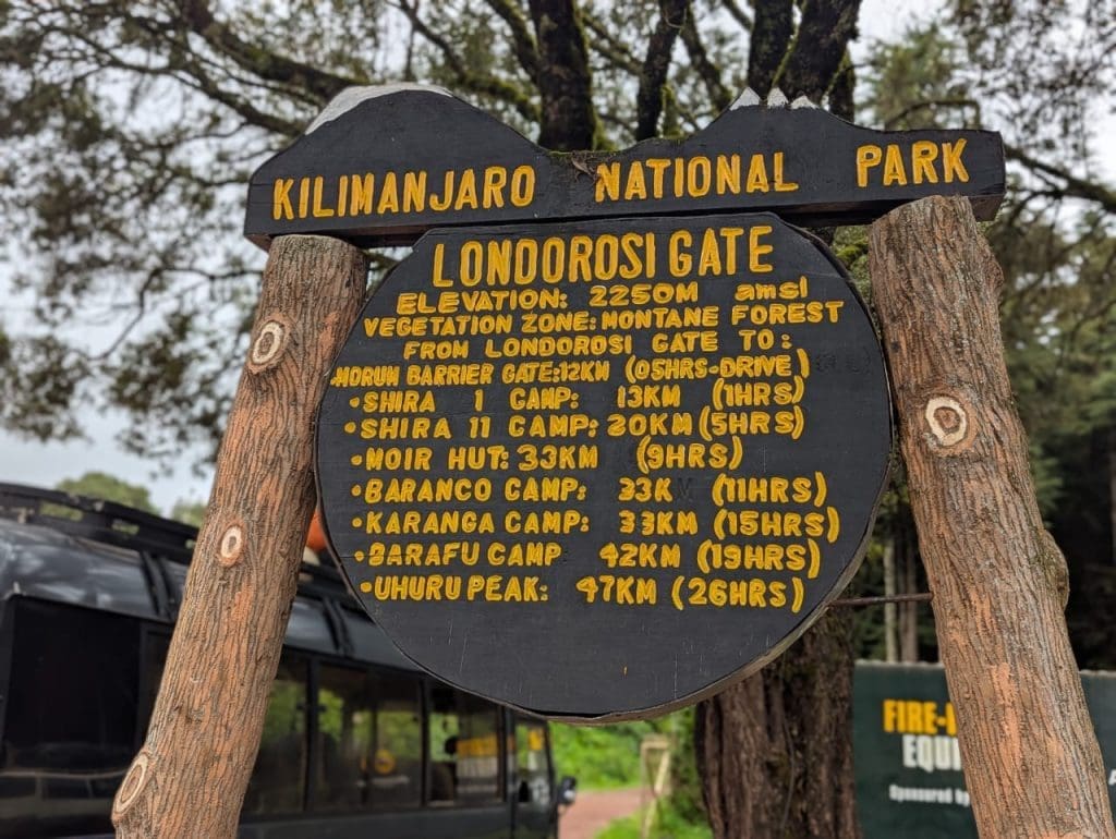 Londorosi Gate sign at Kilimanjaro National Park showing elevation and distances to camps and Uhuru Peak