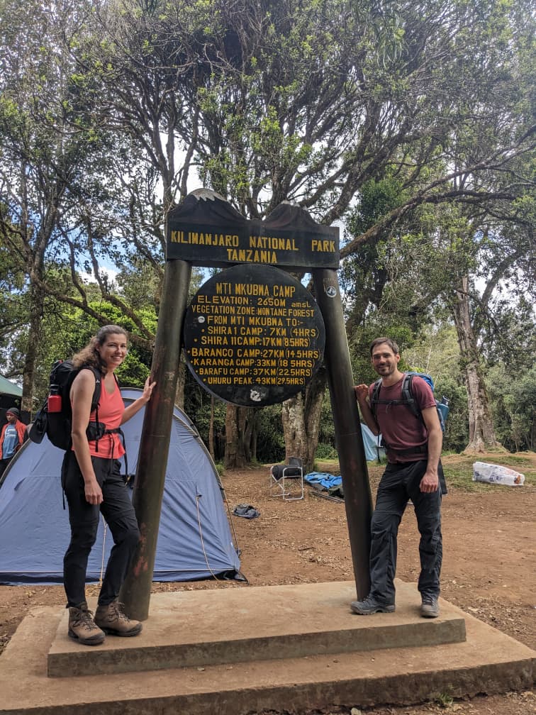 Climbers at Mti Mkubwa Camp sign on Mount Kilimanjaro in the montane forest zone along the Lemosho Route.